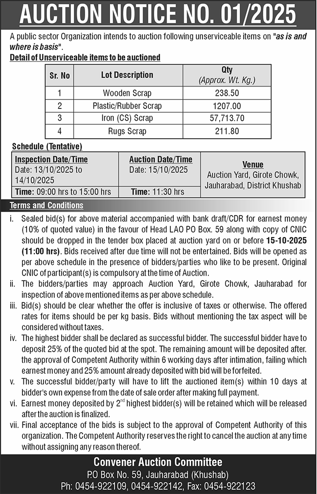 Public Sector Organization Khushab Tender Notice